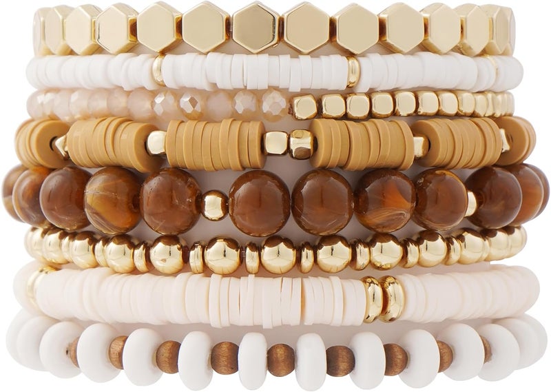 GOOJIDS Surfer Heishi Clay Bead Bracelets for Women Bohemian Stackable Gold Plated Beaded Stretch Bracelets Elastic Layering Friendship Bracelets Set Boho Jewelry - Image 1